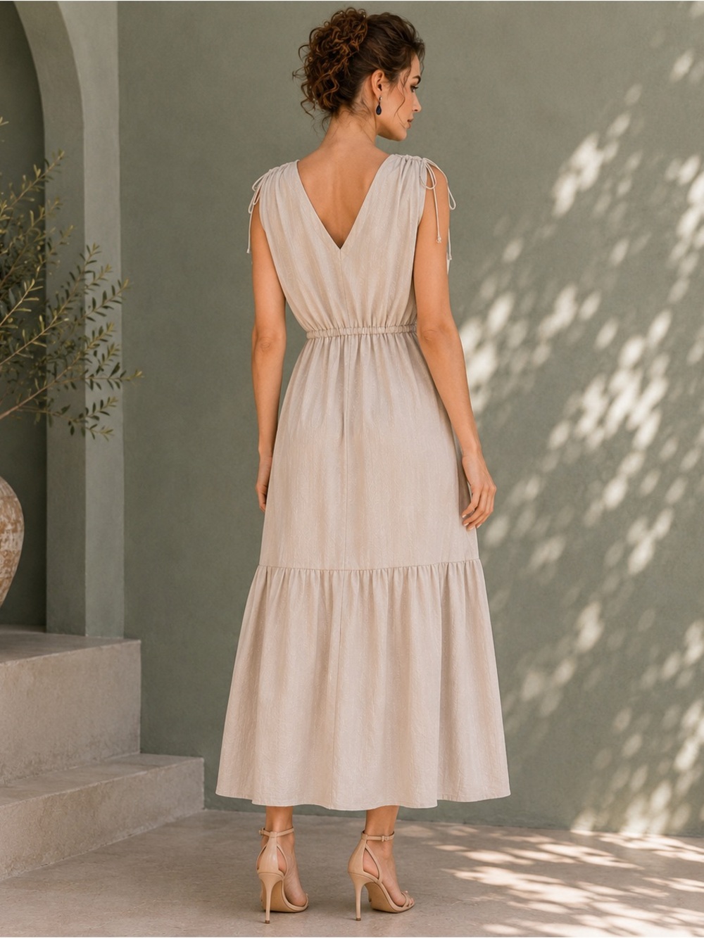 Sleeveless V-Neck Tiered Maxi Dress in Light Beige - Picture 4 of 7